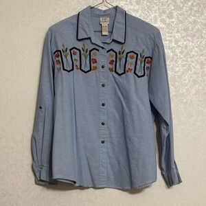 Koret Blue Button Down Shirt with Floral Embroidery
